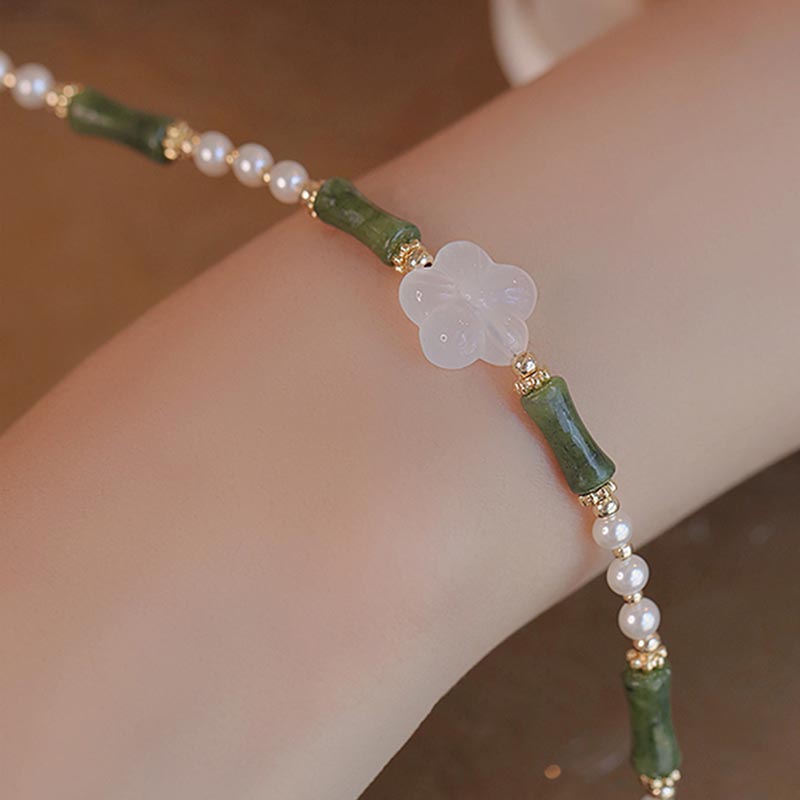 Pulsera de la paz con perlas y ágata, flor de bambú, peridoto y Buddha Stones