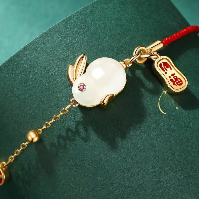 Buddha Stones Año del Conejo Jade Blanco Felicidad Pulsera de Cadena de Hilo Rojo