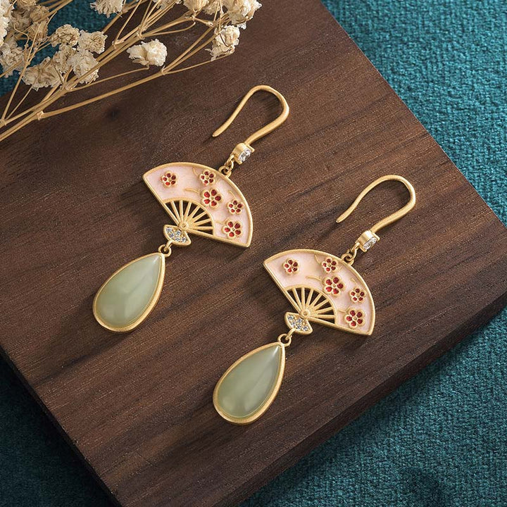 Pendientes colgantes de la suerte con diseño de abanico de aventurina verde natural con Buddha Stones