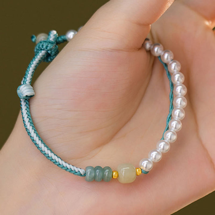 Pulsera de abundancia de perlas de cuerda trenzada de jade hetiano de plata de ley 925 con Buddha Stones