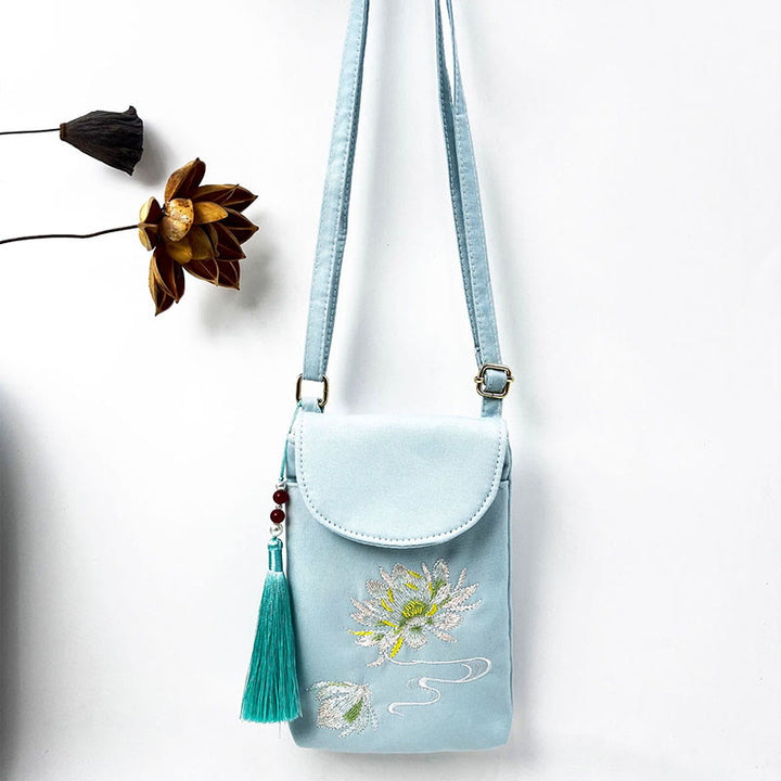 Bolso bandolera con flores bordadas pequeñas y Buddha Stones, bolso de hombro, bolso para móvil de doble capa