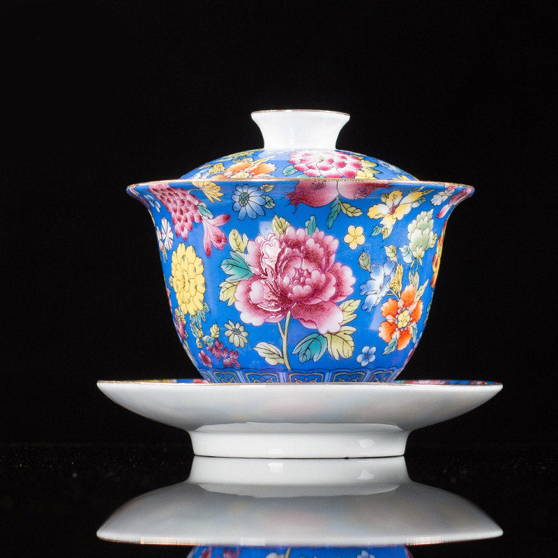 Taza de té y platillo con tapa, Gaiwan Sancai de cerámica, flores de peonía, Buddha Stones , Kung Fu