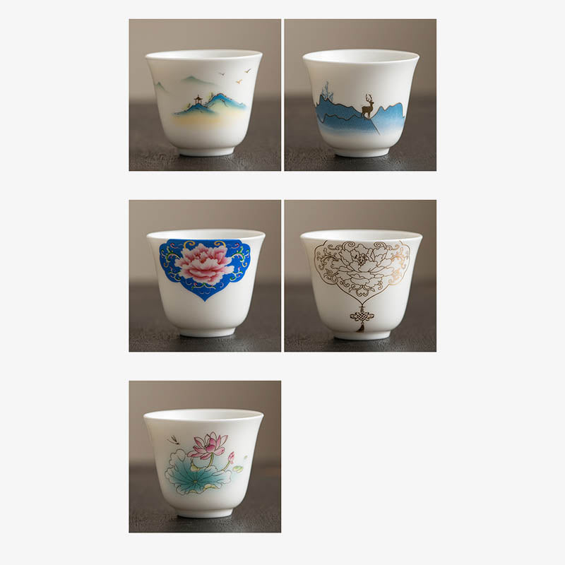 Taza de té de cerámica con Buddha Stones, flor de loto, hoja, montaña, pabellón, alce, peonía, taza de té de Kung Fu