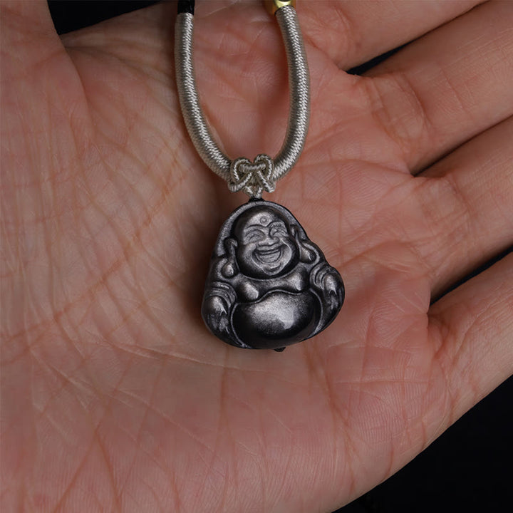 Colgante de collar de protección de Buda sonriente de obsidiana brillante de plata natural con Buddha Stones - image 7