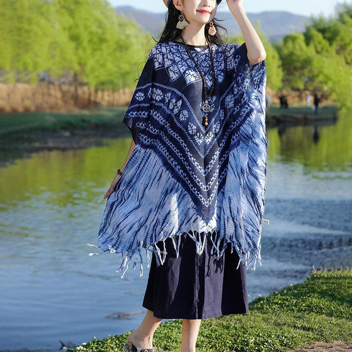 Buddha Stones azul rayas floral índigo teñido chal borlas acogedor jersey 90*95 cm