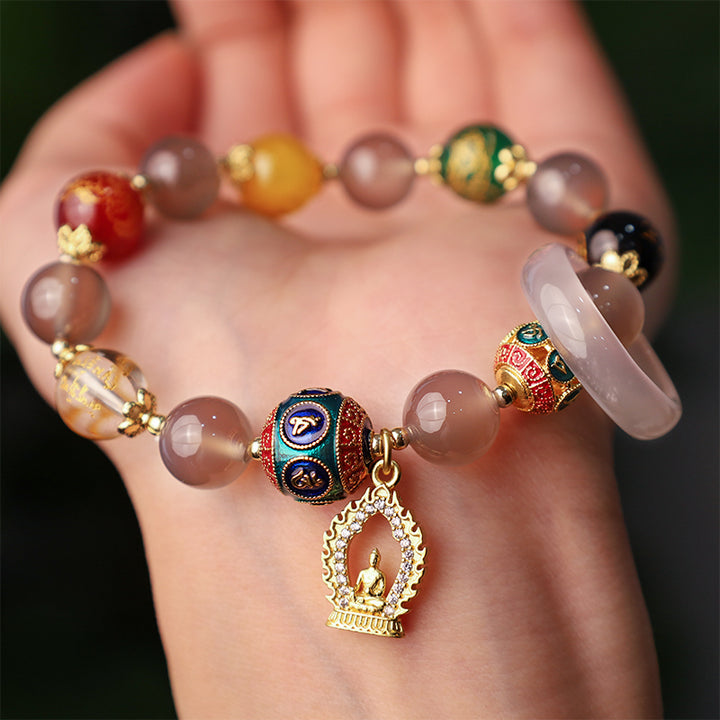 Buddha Stones Ágata gris natural Cinco direcciones Dioses de la riqueza Om Mani Padme Hum Pulsera con dijes de Buda