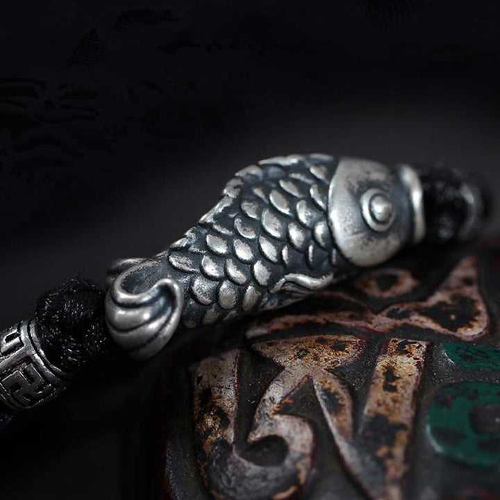 Pulsera de hilo trenzado con pez Koi de la suerte de plata con Buddha Stones