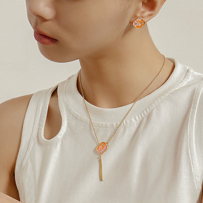 Juego de pendientes y pulsera con colgante de collar curativo con dos pájaros de cobre chapado en oro de 18 quilates con Buddha Stones