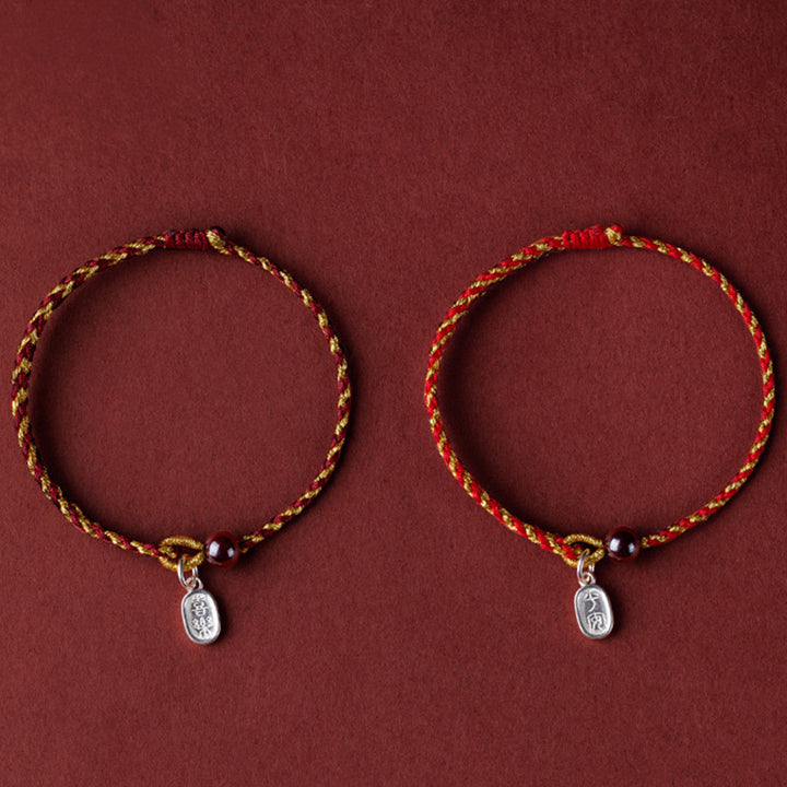 Pulsera trenzada con dije de paz y alegría de loto de cuerda de oro rojo hecha a mano con Buddha Stones