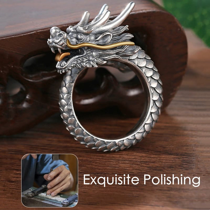 Anillo ajustable de fuerza de protección con diseño de dragón vintage de plata de ley 925 con Buddha Stones