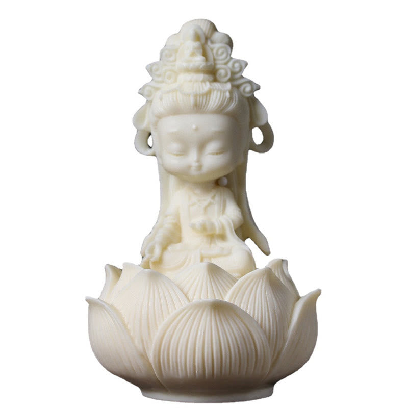 Buddha Stones Mini fruta de marfil Kwan Yin Avalokitesvara Lotus riqueza decoración de escritorio