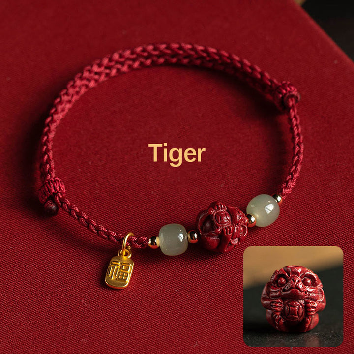 Pulsera de cuerda de la suerte con carácter de Jade Hetian del zodíaco chino cinabrio Natural de Buddha Stones - Tigre (circunferencia de muñeca 14-18 cm) - image 2