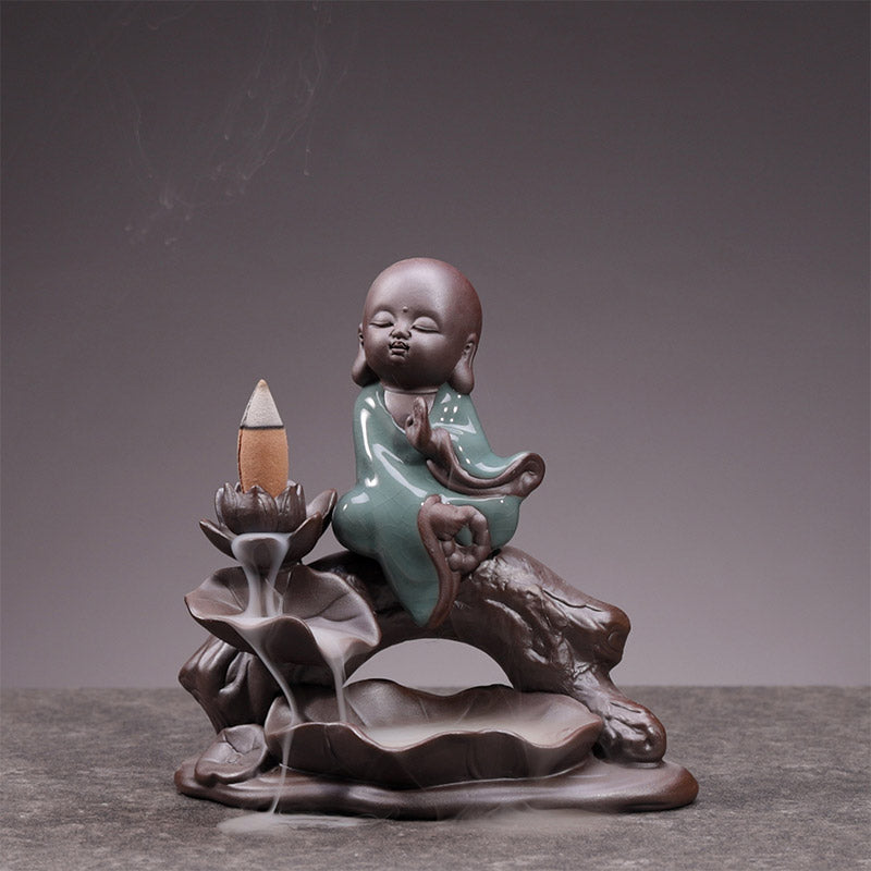 Quemador de incienso con bendición de loto de cerámica, Buddha Stones , pequeño monje, decoración
