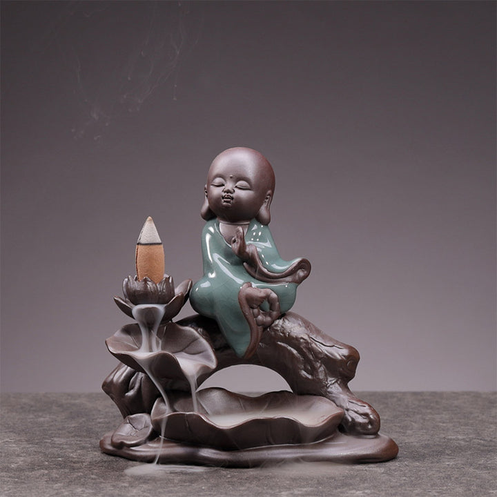 Quemador de incienso con bendición de loto de cerámica, Buddha Stones , pequeño monje, decoración