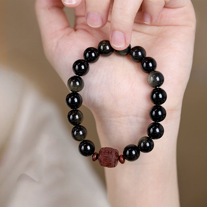 Pulsera curativa con carácter de obsidiana arcoíris de obsidiana con brillo de oro natural con Buddha Stones Om Mani Padme Hum Fu