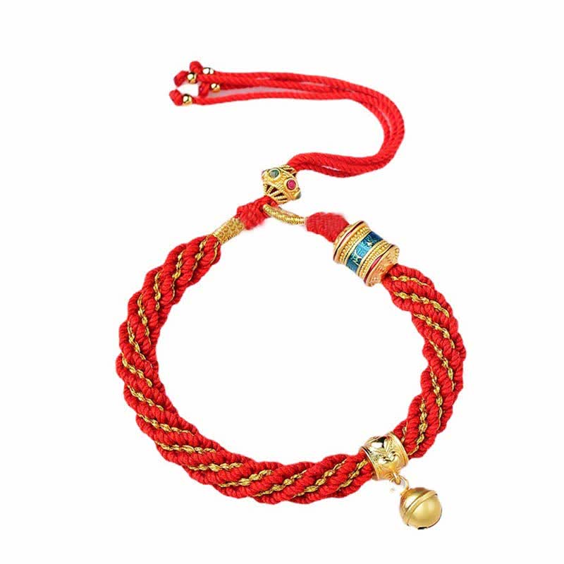 Pulsera de cuerda trenzada con dije de campana y rueda de oración Thangka de protección de la suerte hecha a mano tibetana