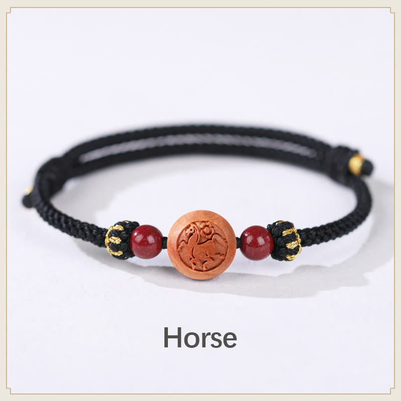 Pulsera de riqueza de cinabrio tallada con carácter del zodíaco chino, madera de melocotón Natural, Buddha Stones