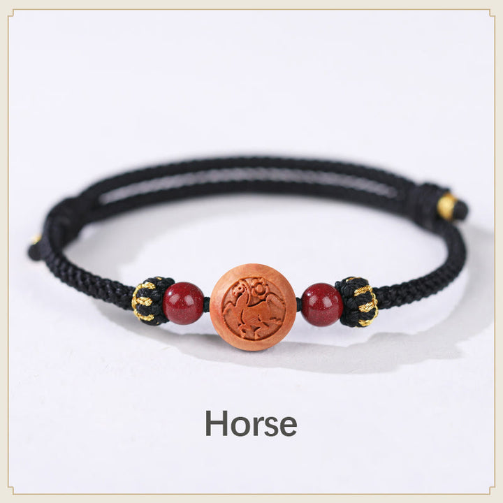 Pulsera de riqueza de cinabrio tallada con carácter del zodíaco chino, madera de melocotón Natural, Buddha Stones