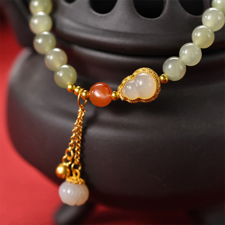 Pulsera de la suerte de la abundancia del loto de la calabaza del jade hetiano de plata de ley 925