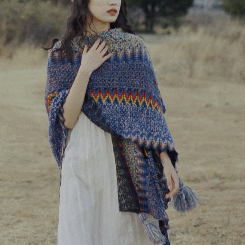 Mantón tibetano de Buddha Stones, capa de punto suave y cálida, bufanda tibetana con borlas de invierno