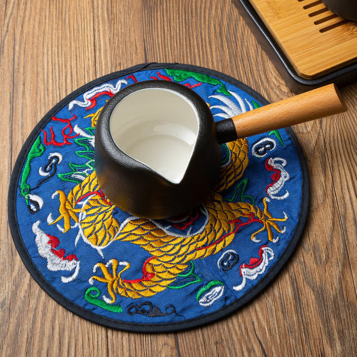 Tapete para taza de Bordado de dragón con Buddha Stones, posavasos para taza de té, tapete para té de Kung Fu