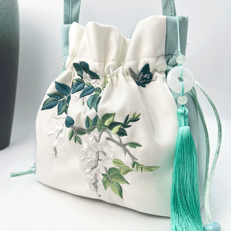 Buddha Stones Flores bordadas Wisteria Lily Algodón Lino Tote Bolso bandolera Bolso de hombro Bolso