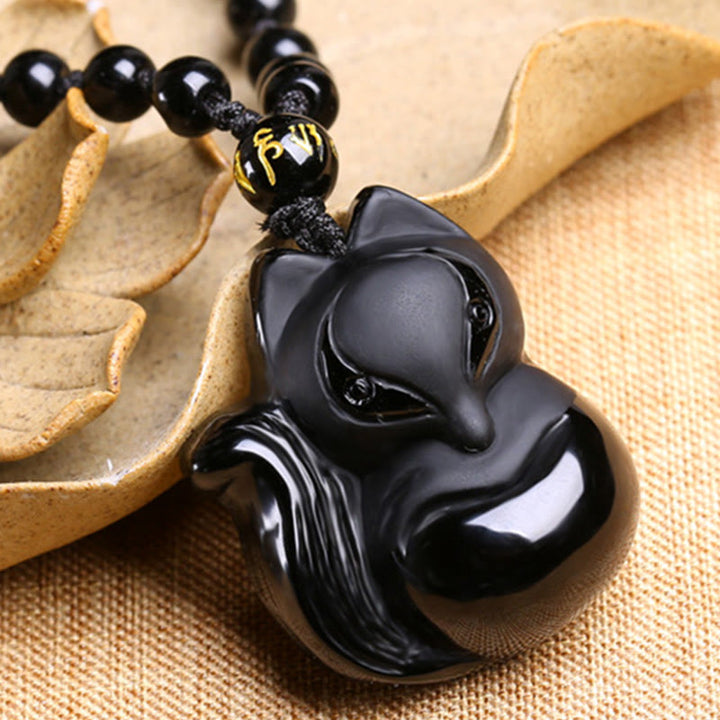 Collar con colgante de amuleto de obsidiana negra natural con Buddha Stones , ojo de tigre, hielo, obsidiana y zorro
