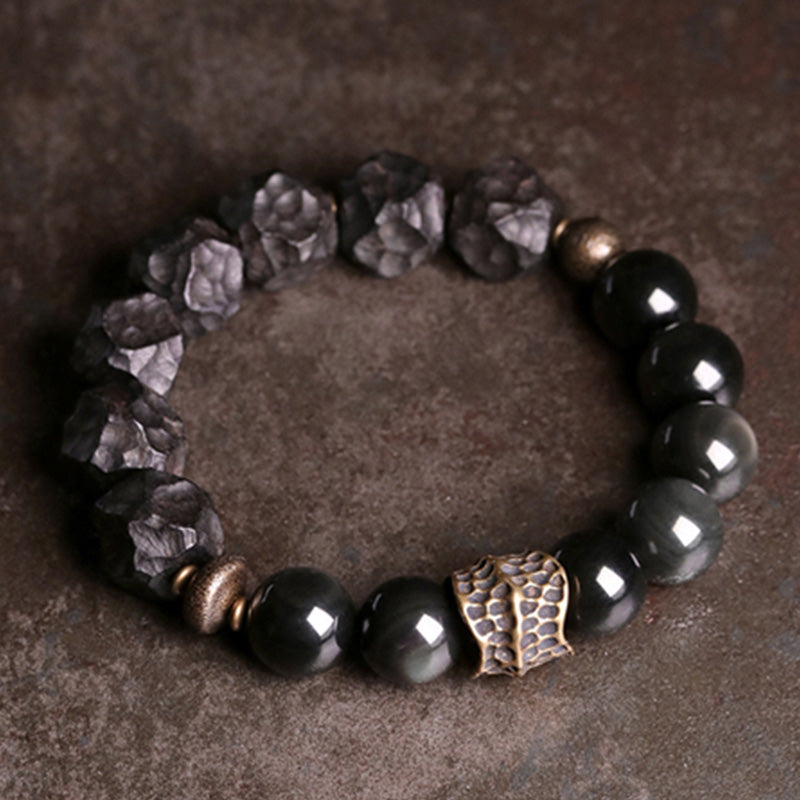 Pulsera de pareja de fuerza de cobre de madera de ébano de obsidiana negra con Buddha Stones