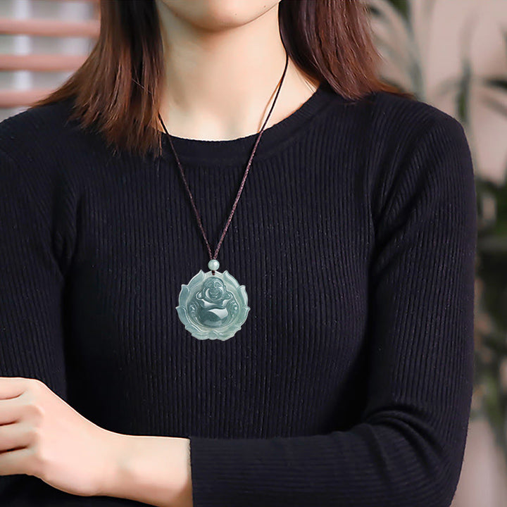 Colgante de collar de la suerte con diseño de loto de Buda sonriente de jade natural con Buddha Stones - image 7