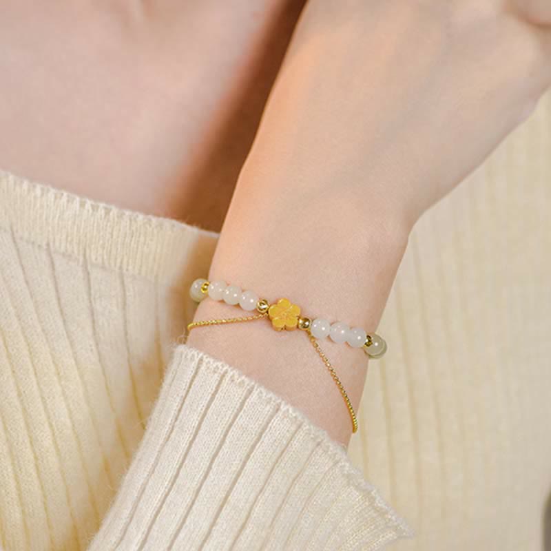 Pulsera de cadena de la suerte de flor de melocotón de jade hetiano natural de plata de ley 925 con Buddha Stones
