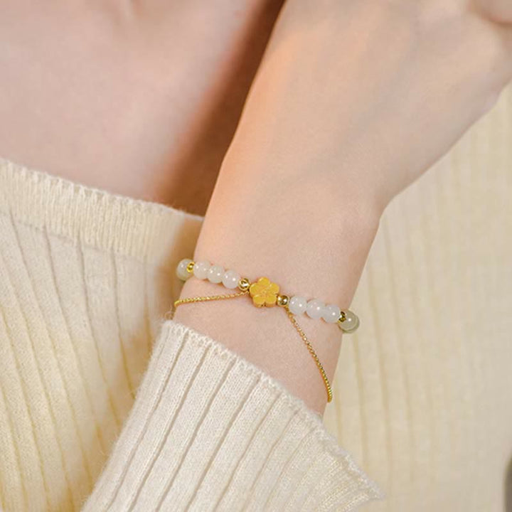 Pulsera de cadena de la suerte de flor de melocotón de jade hetiano natural de plata de ley 925 con Buddha Stones