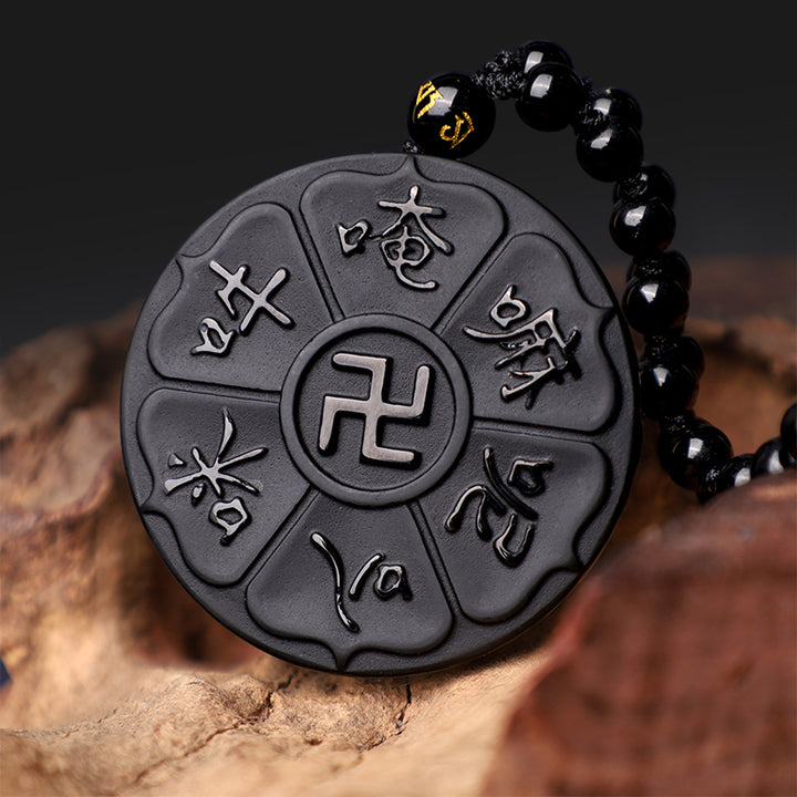 Buddha Stones, obsidiana negra Natural, Om Mani Padme Hum tibetano, colgante de collar de la suerte de la esvástica de Buda