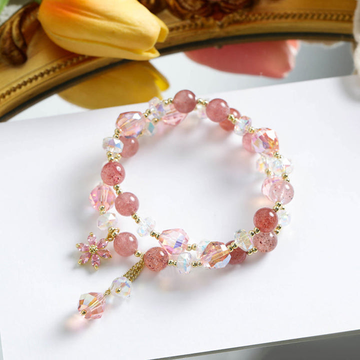 Pulsera de doble vuelta curativa con flores de circonita, cuarzo fresa y Buddha Stones