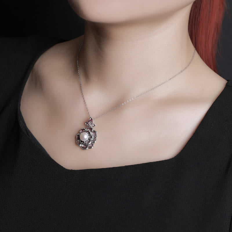 Colgante de collar curativo con perlas de flor de peonía de plata de ley 999 con Buddha Stones