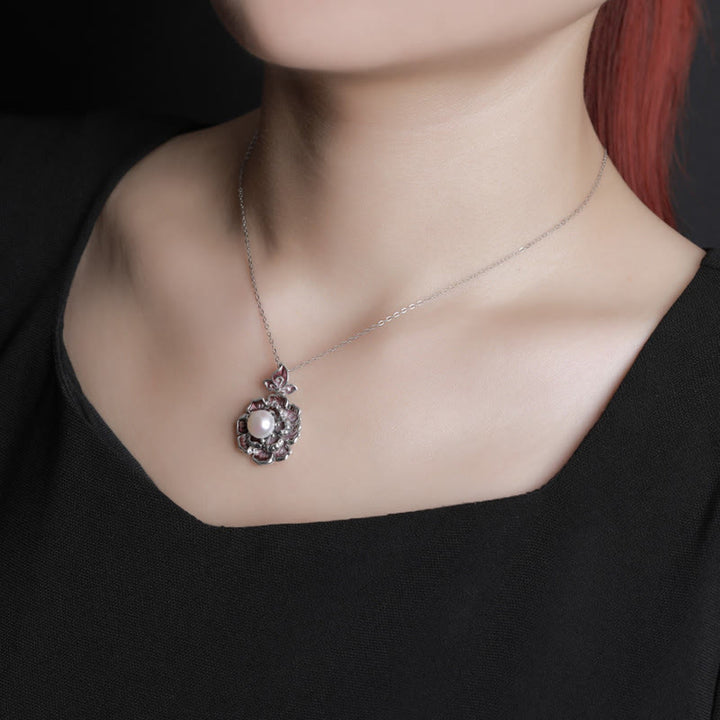 Colgante de collar curativo con perlas de flor de peonía de plata de ley 999 con Buddha Stones