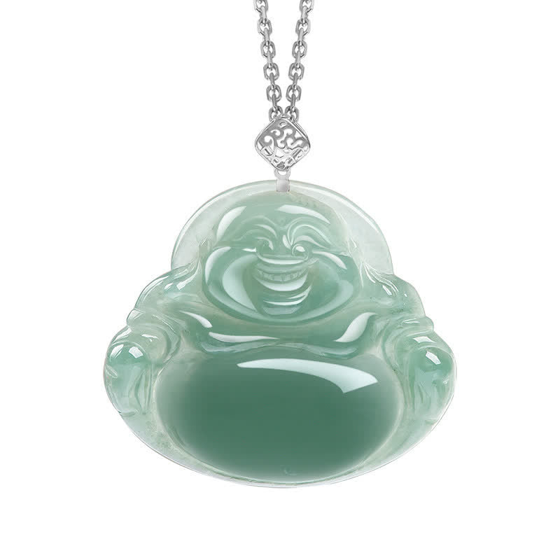 Colgante de collar de abundancia de prosperidad de jade natural de Buda sonriente - Plata - image 5