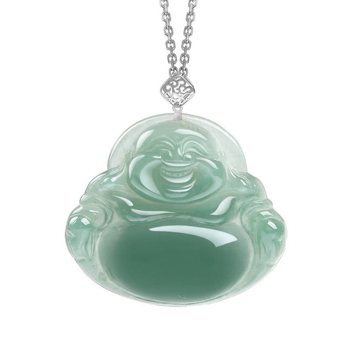 Colgante de collar de abundancia de prosperidad de jade natural de Buda sonriente - Plata - image 5