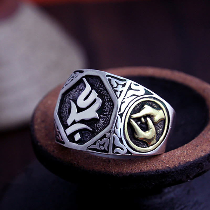 Anillo ajustable de protección tallada con diseño sánscrito de plata de ley 925 con Buddha Stones