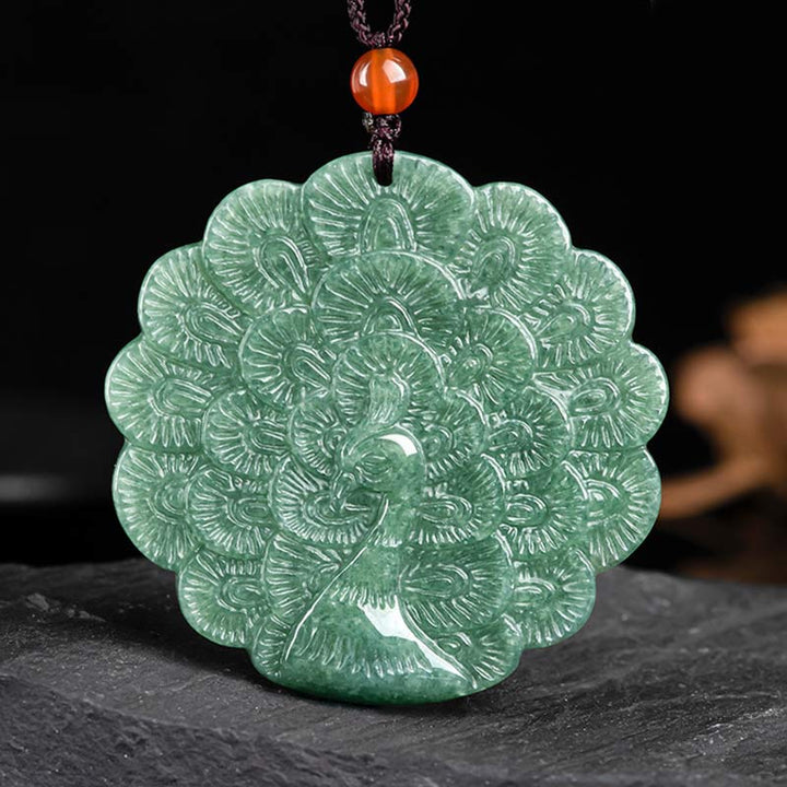 Colgante de collar de prosperidad de suerte de pavo real de jade natural
