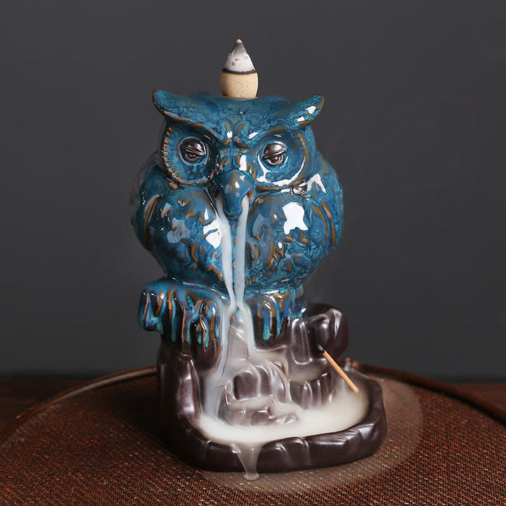 Quemador de incienso curativo para meditación, fuente de humo de reflujo de cerámica, búho bonito, decoración