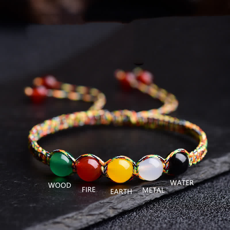 Pulsera de hilo de cinco elementos de ágata colorida, metal, madera, agua, fuego, tierra