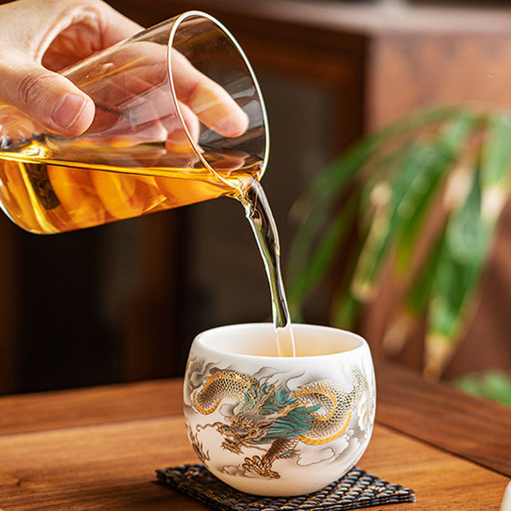 Taza de té de cerámica con caja de regalo, tazas de té de Kung Fu con Buddha Stones , dragón, Fénix, nubes propicias