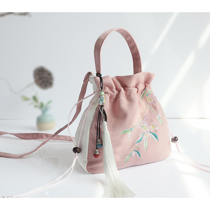 Bolso de hombro de lona con flores bordadas hechas a mano con Buddha Stones