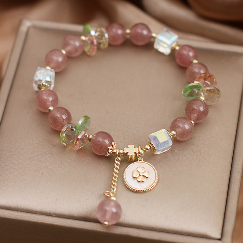 Pulsera con dijes curativos de trébol de cuatro hojas de la suerte, cuarzo fresa, Buddha Stones