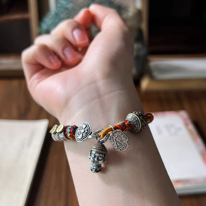 Buddha Stones hechas a mano tibetana de plata de ley 925, zodíaco chino, Buda natal Zakiram, diosa de la protección de la riqueza, pulsera trenzada de cuerda multicolor