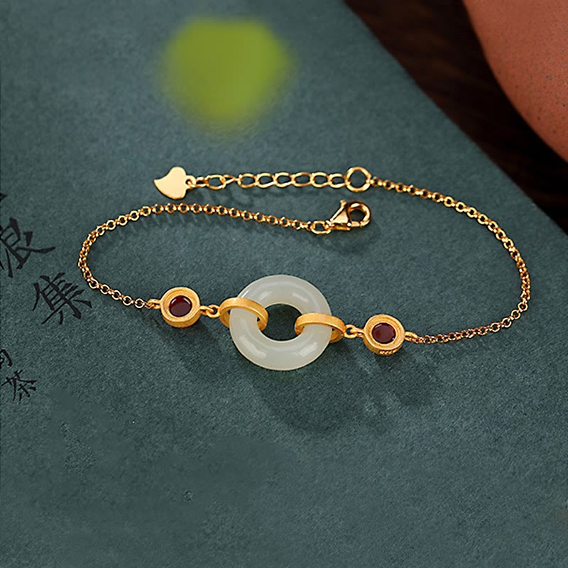 Pulsera de la Buddha Stones, Plata de Ley 925 chapada en oro, Jade Hetiano Natural, hebilla de la paz, ágata roja