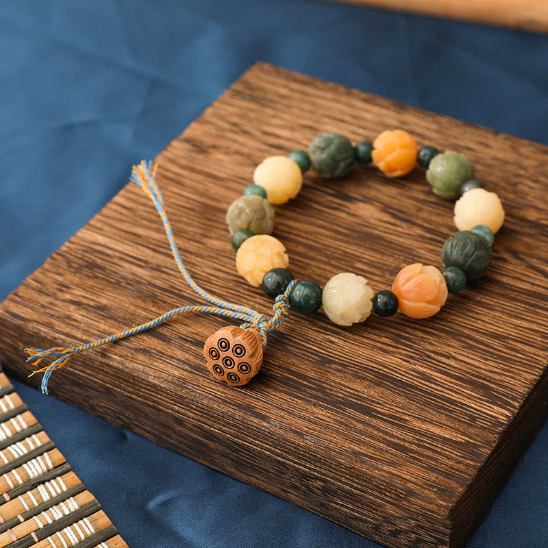 Pulsera de paz y calma con Buddha Stones , semilla de Bodhi, cuentas de loto grabadas, ágata de musgo