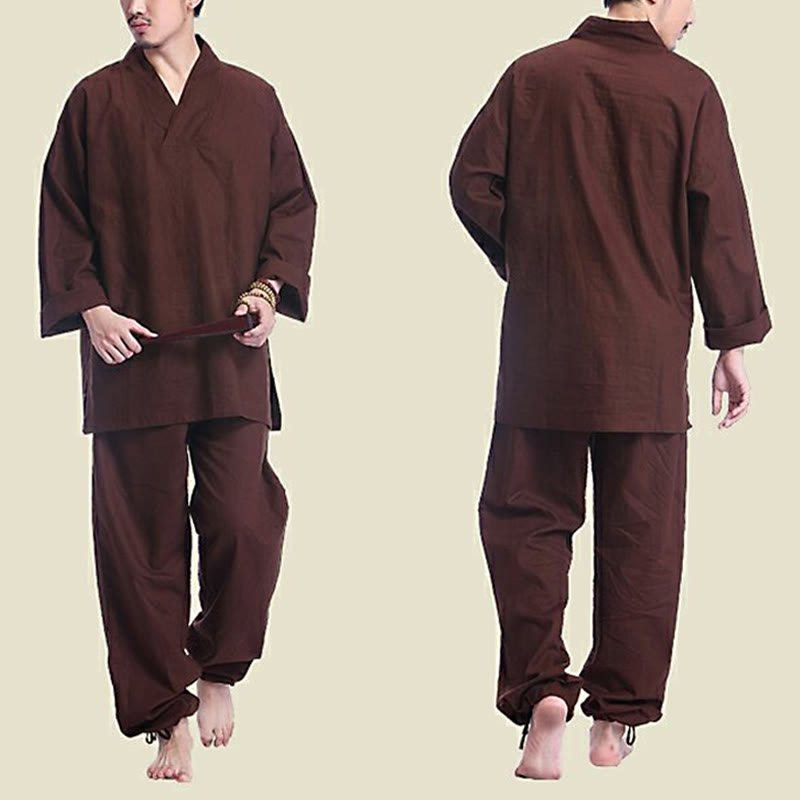 Conjunto de ropa de yoga para hombre con cuello en V, diseño de algodón y lino con Buddha Stones para meditación y oración - image 2