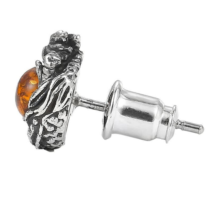 Pendientes de plata de ley 925 con Buddha Stones , diseño de dragón de ámbar natural