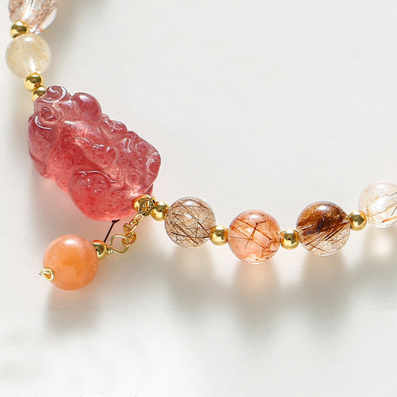 Pulsera de riqueza PiXiu de cuarzo fresa de cuarzo rutilado natural con Buddha Stones
